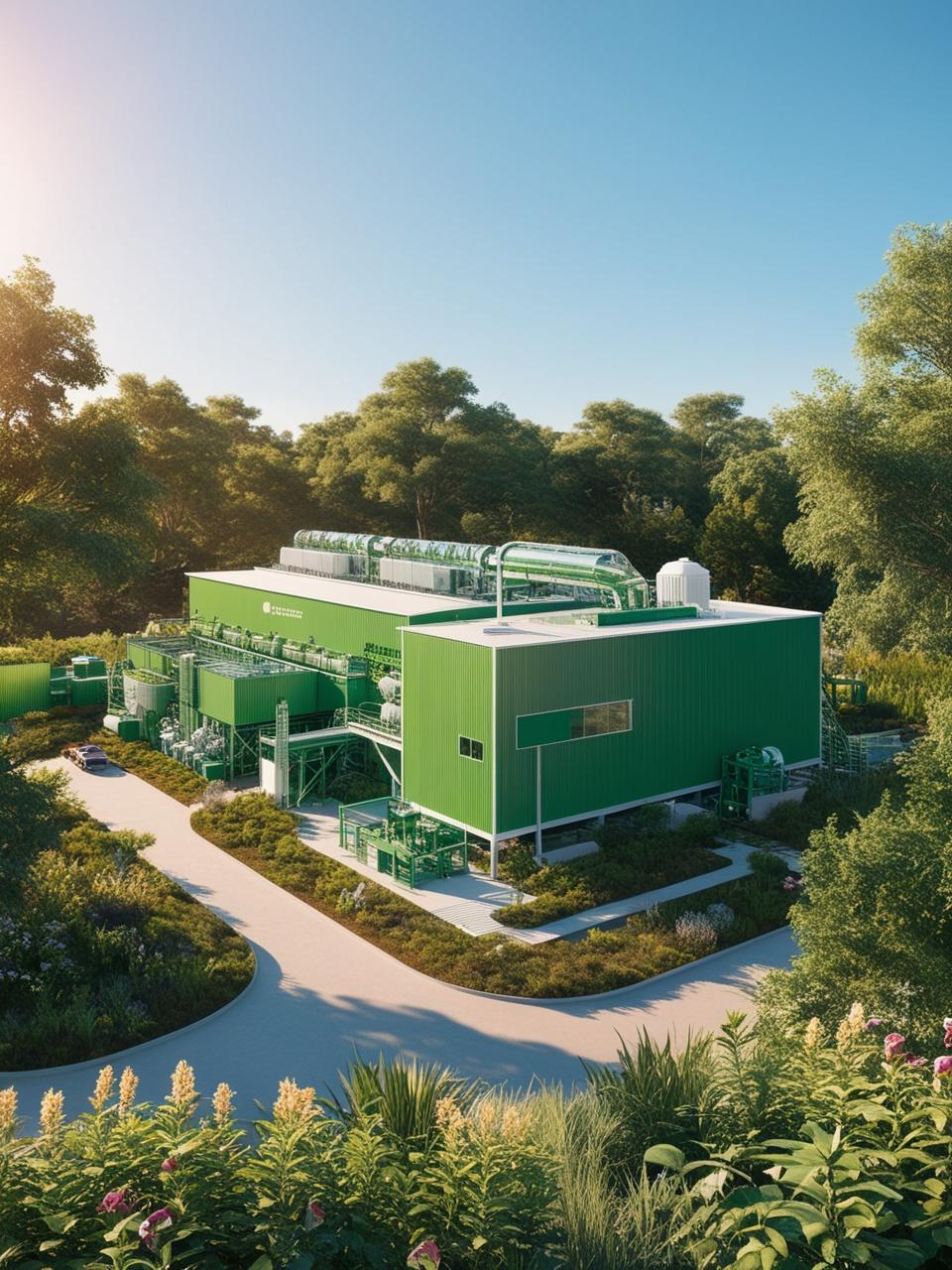 Edificio industriale verde sostenibile immerso in una foresta rigogliosa, circondato da vegetazione e vialetti curvi, simbolo di infrastruttura ambientale avanzata in armonia con la natura.