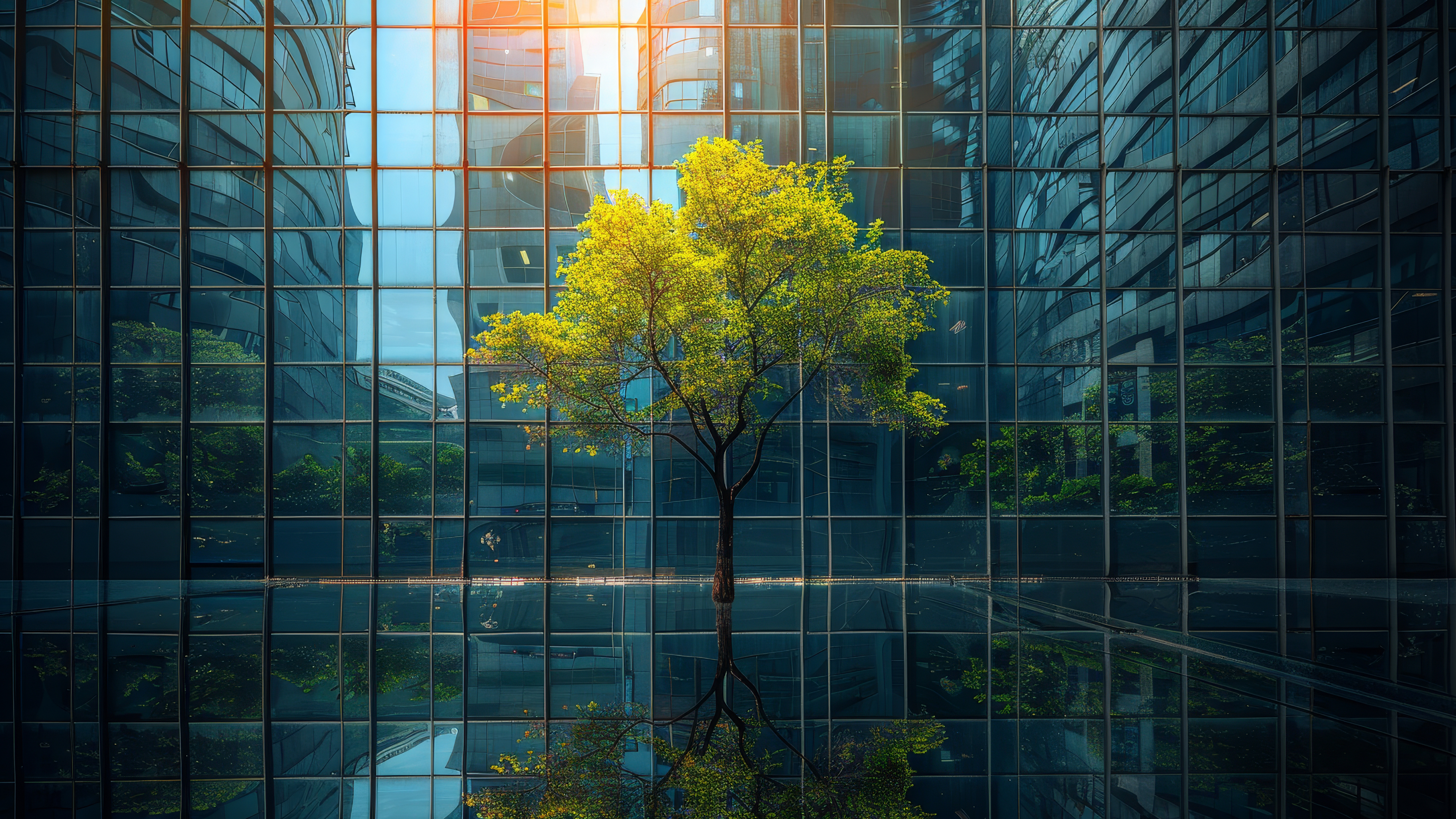 Albero verde che si specchia nei palazzi a vetri