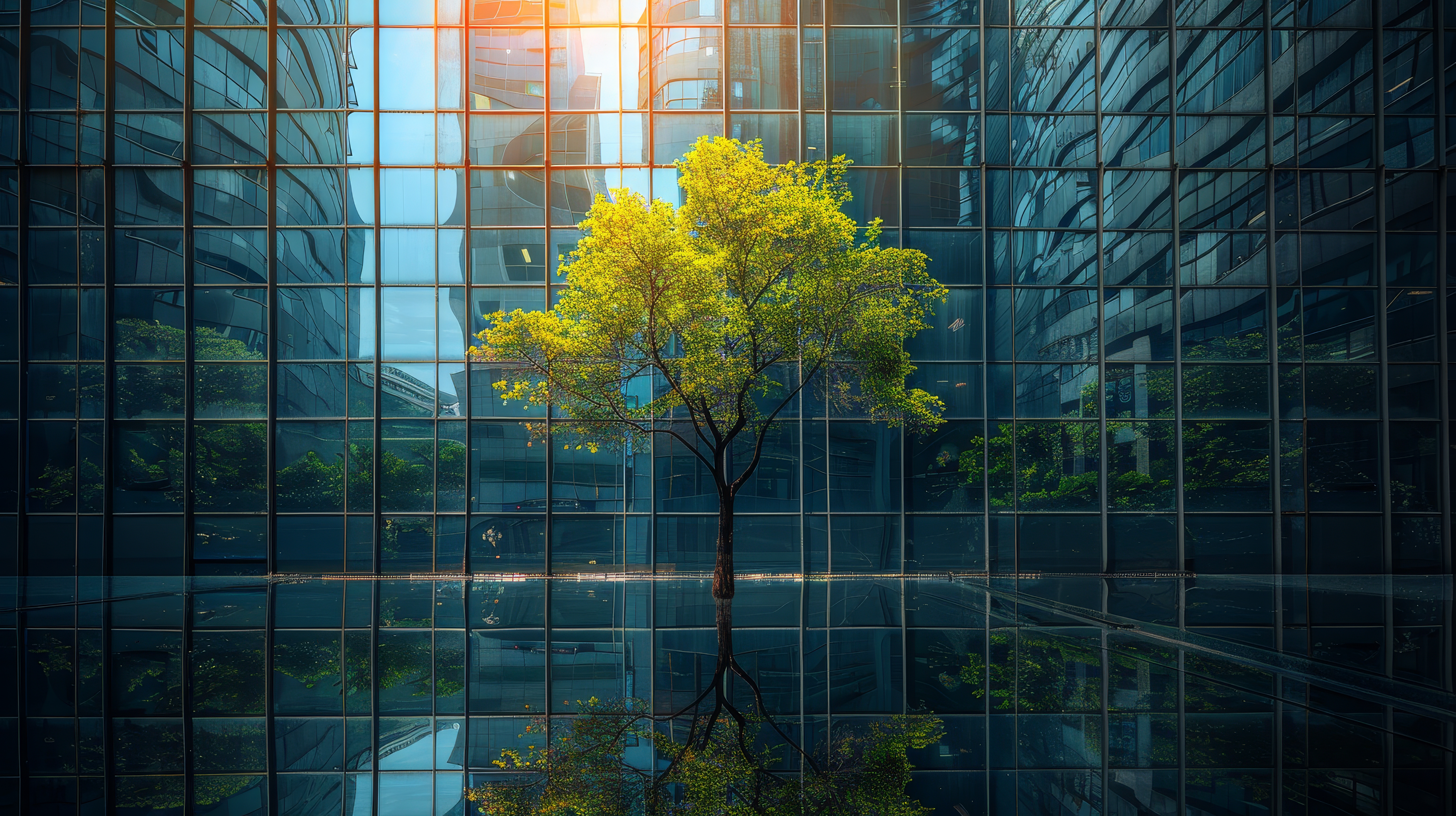 Un albero verde e rigoglioso si erge al centro di una piazza riflettente, circondato da moderni edifici in vetro.