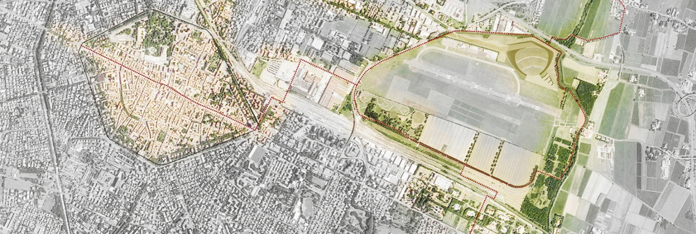 Mappa urbana che mostra il collegamento tra il centro storico della città e la RCF Arena, evidenziando le aree verdi, le infrastrutture e i percorsi di accesso.