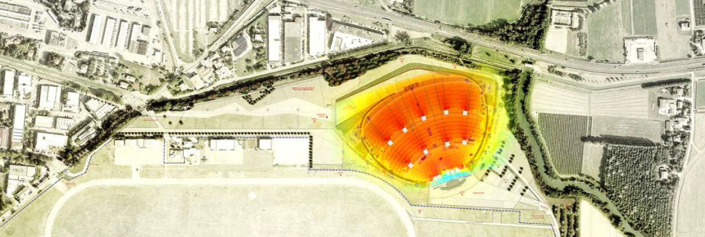 Mappa urbana che mostra il collegamento tra il centro storico della città e la RCF Arena, evidenziando le aree verdi, le infrastrutture e i percorsi di accesso.