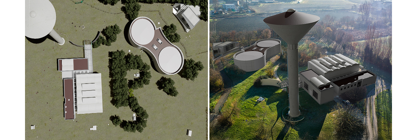 Render con vista aerea della centrale idrica di Luzzara, con vasche di raccolta acque.