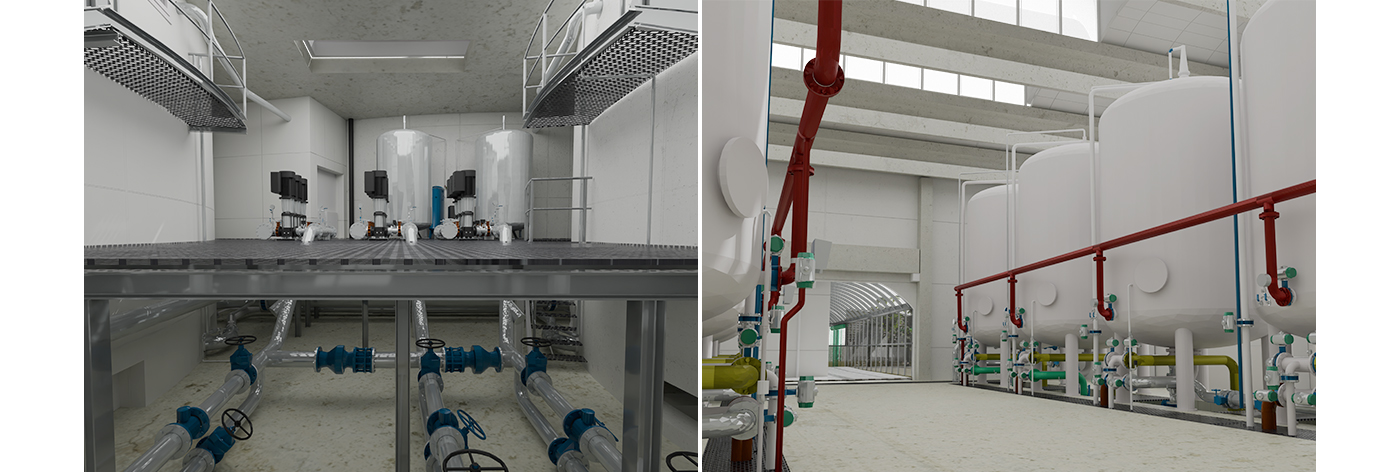 Render con vista interna della centrale idrica.