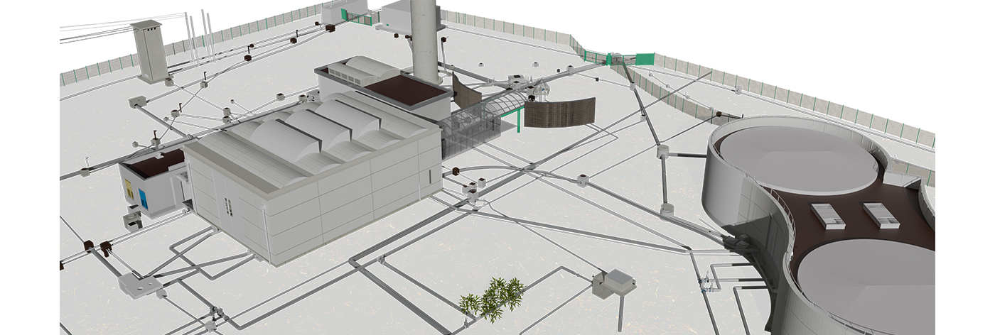 Render 3D della centrale idrica , con disposizione dettagliata degli edifici e impianti.