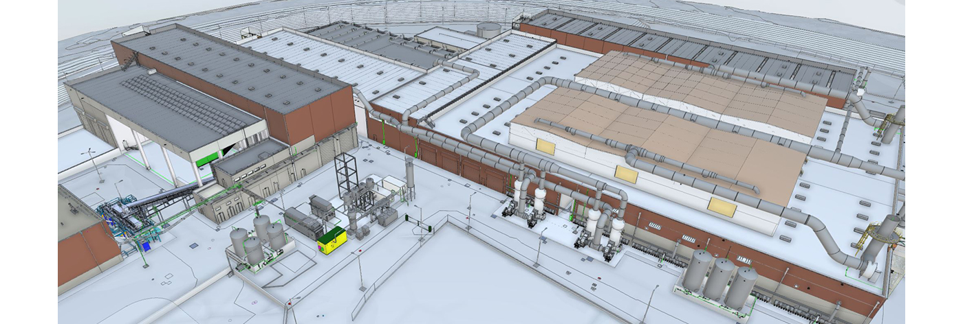 Render dell'impianto Forsu. Impianto di trattamento di rifiuto urbani non pericolosi.