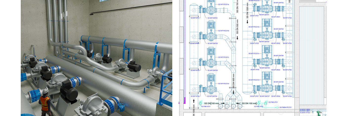Render 3D di un impianto industriale con tubazioni verdi e pompe, affiancato da uno schema tecnico dettagliato che mostra il layout delle componenti meccaniche.