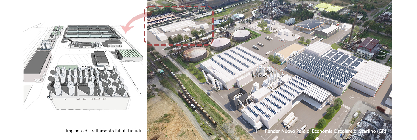 Render di un polo industriale con pannelli solari e vasche di trattamento rifiuti liquidi.