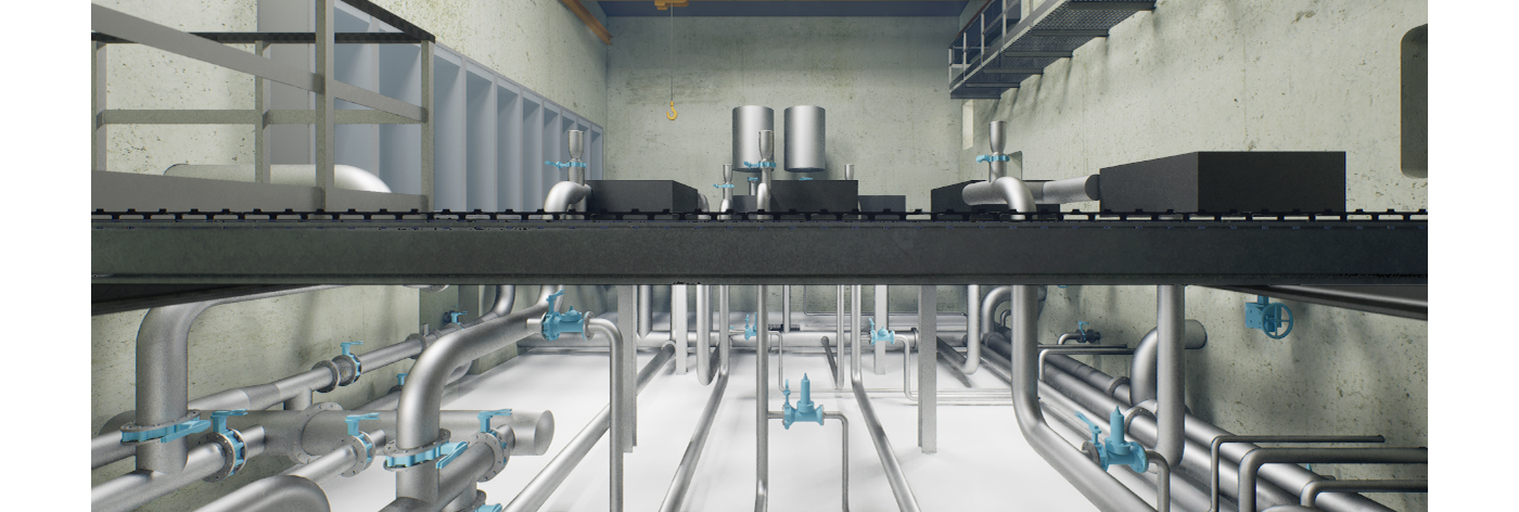 Render 3D della struttura interna, impianto di potabilizzazione per la rete acquedottistica.